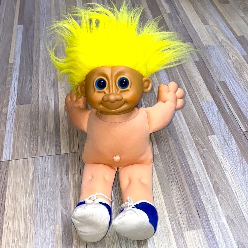 Vintage Russ Troll Doll Plush 10 inch - Yellow Hair Blue Eyes Stuffed Toy Age 3+